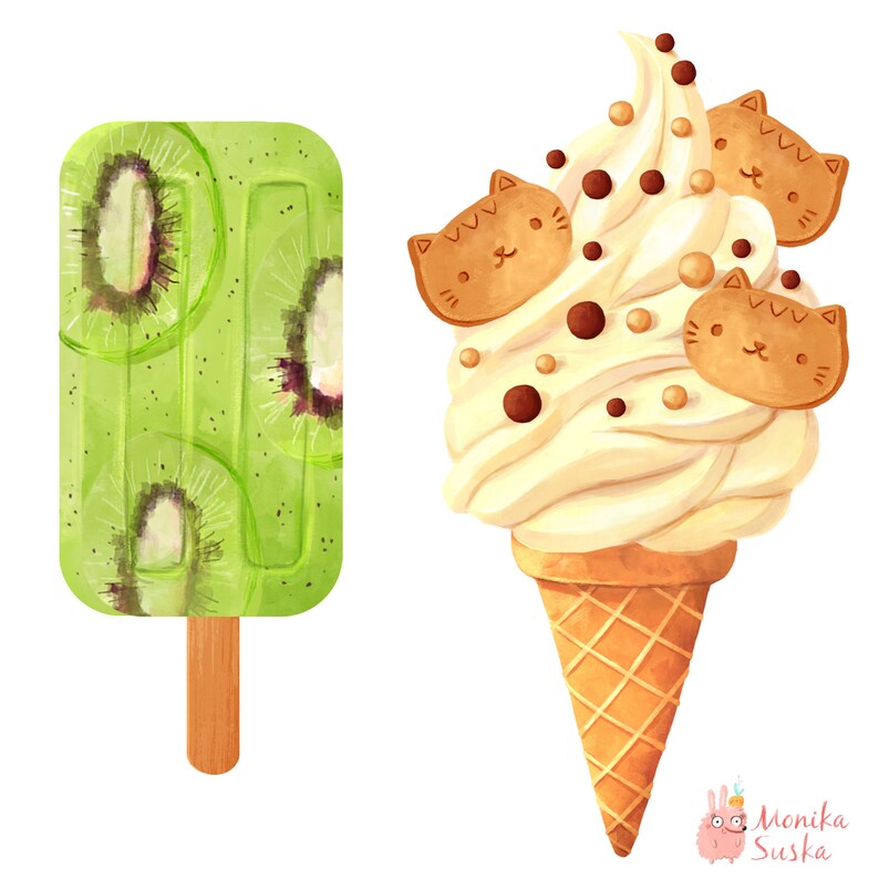 May include: Two watercolor illustrations of summer treats. A green kiwi popsicle and a white ice cream cone with chocolate chips and cat-shaped cookies.