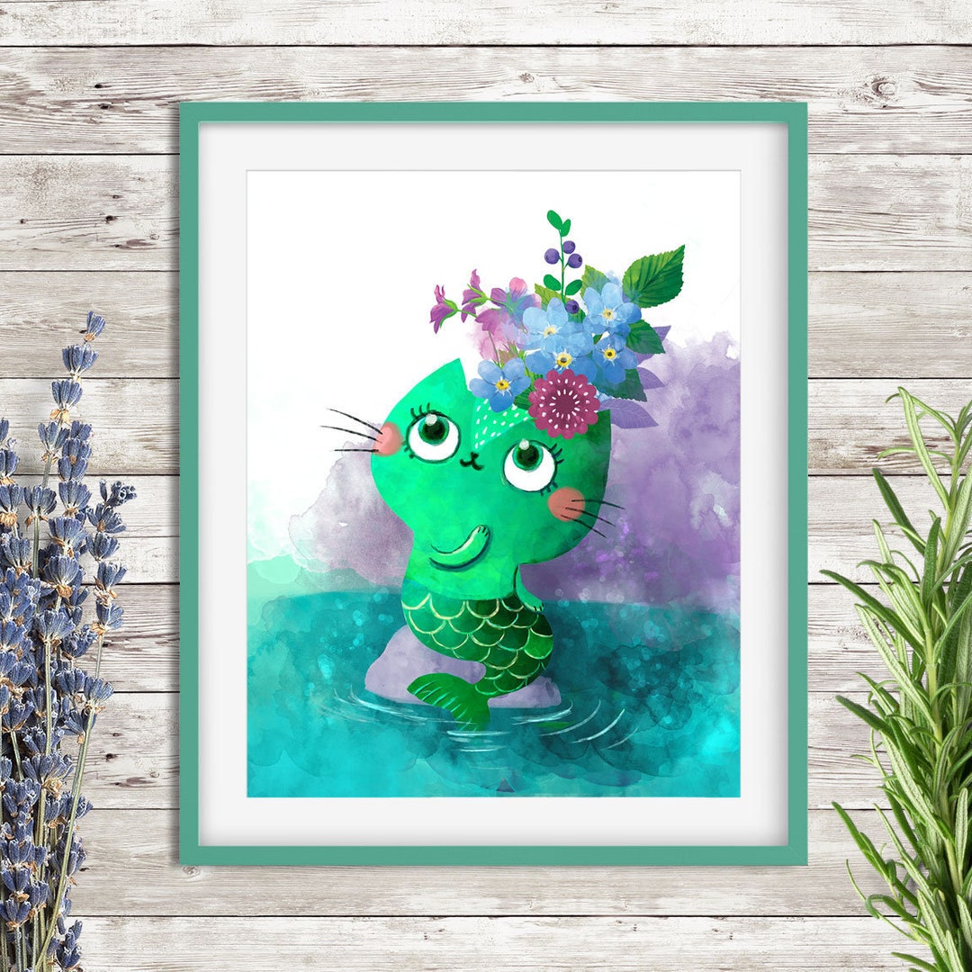 Printable Wall Art |nursery Decor | Digital Download | Cute Emerald Cat ...
