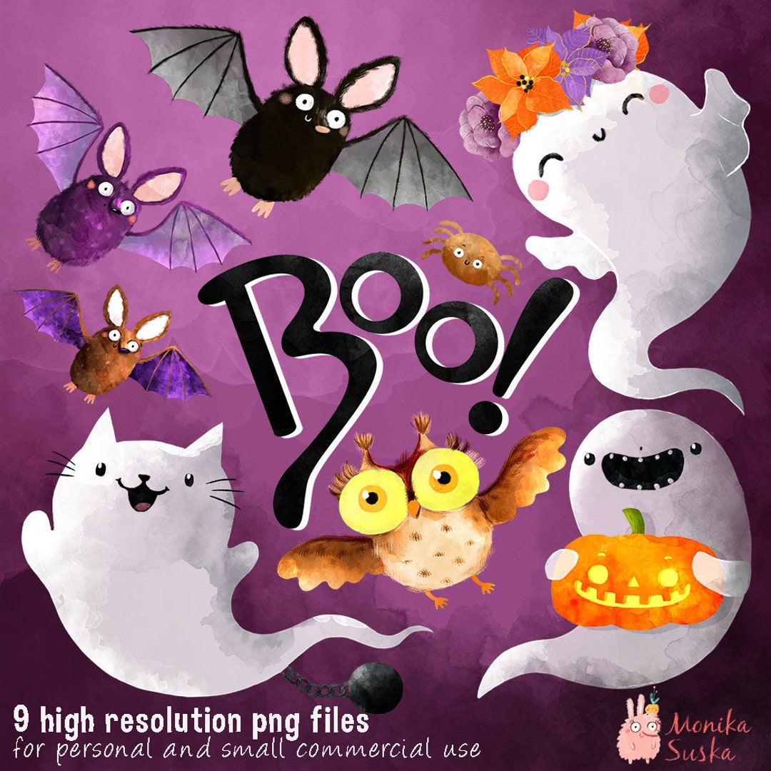 Halloween Clipart Ghost, Bat, Owl, Pumpkin, Cat Printable Watercolor  Clipart Commercial Use Clip Art 