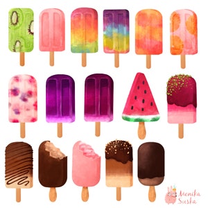 May include: A set of 15 watercolor illustrations of popsicles. The popsicles are in various colors and flavors, including kiwi, watermelon, strawberry, chocolate, and vanilla. The illustrations are perfect for use in digital scrapbooking, card making, and other creative projects.