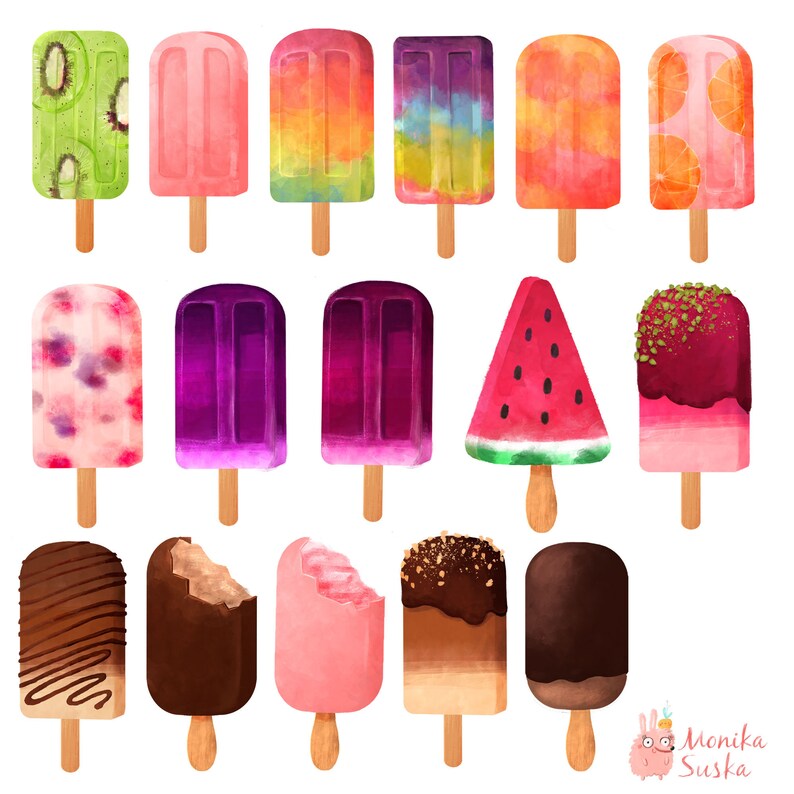 May include: A set of 15 watercolor illustrations of popsicles. The popsicles are in various colors and flavors, including kiwi, watermelon, strawberry, chocolate, and vanilla. The illustrations are perfect for use in digital scrapbooking, card making, and other creative projects.