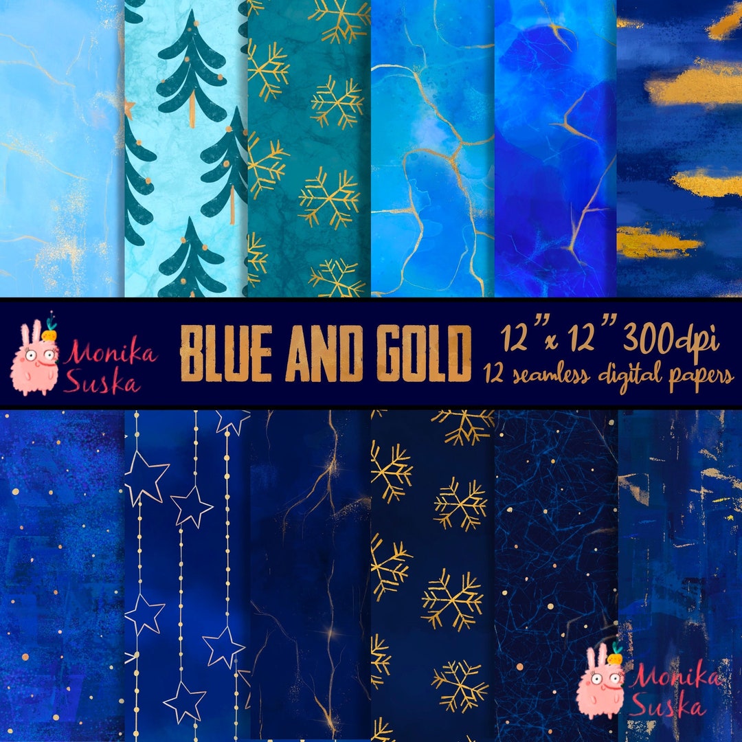 Blue and Gold Seamless Digital Paper, Festive Digital Paper, Christmas