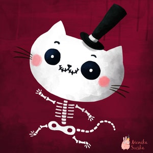 May include: A white cat with a black top hat and a skeleton body. The cat has pink cheeks and black eyes. The background is a dark red.
