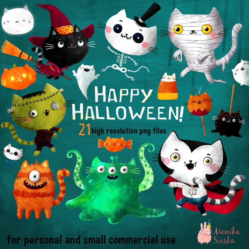 May include: A set of 21 Halloween-themed digital clipart images featuring cute cats dressed in various costumes, including a mummy, a vampire, a Frankenstein, and a monster. The images are high resolution and perfect for creating Halloween crafts, cards, and party decorations.