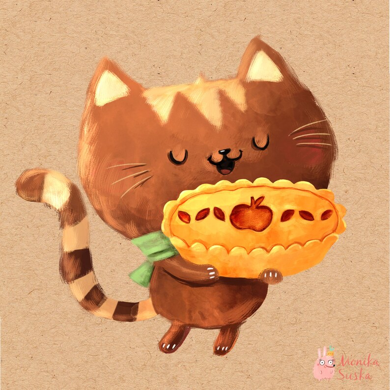 May include: A brown and white striped cat with a green scarf holds a yellow apple pie with a red apple in the center.