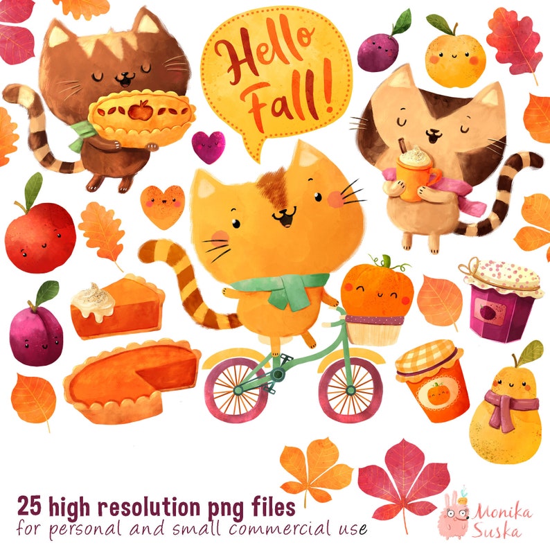 May include: A set of 25 digital illustrations featuring cute cats in various autumnal scenes. The illustrations include cats with pumpkins, pie, and bicycles, as well as fall leaves, apples, and pears. The text "Hello Fall!" is included in the image.