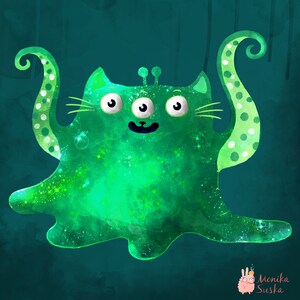 May include: A green, three-eyed, cat-like creature with a swirling, spotted tail. The creature has a galaxy-like pattern and is set against a dark teal background.