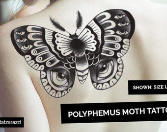 Moth temporary tattoos | japanese style dotwork butterfly bug insect large flash black white intricate luna polyphemus