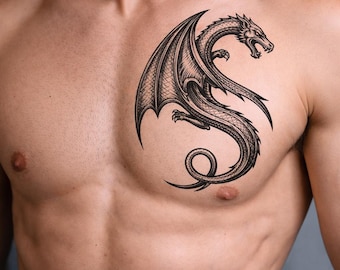 Conjunto de tatuagens temporárias de dragão, tatuagem realista de dragão preto, tatuagem de fantasia, tamanhos pequeno, médio, grande e extra grande, tatuagem falsa, arte corporal para festivais.
