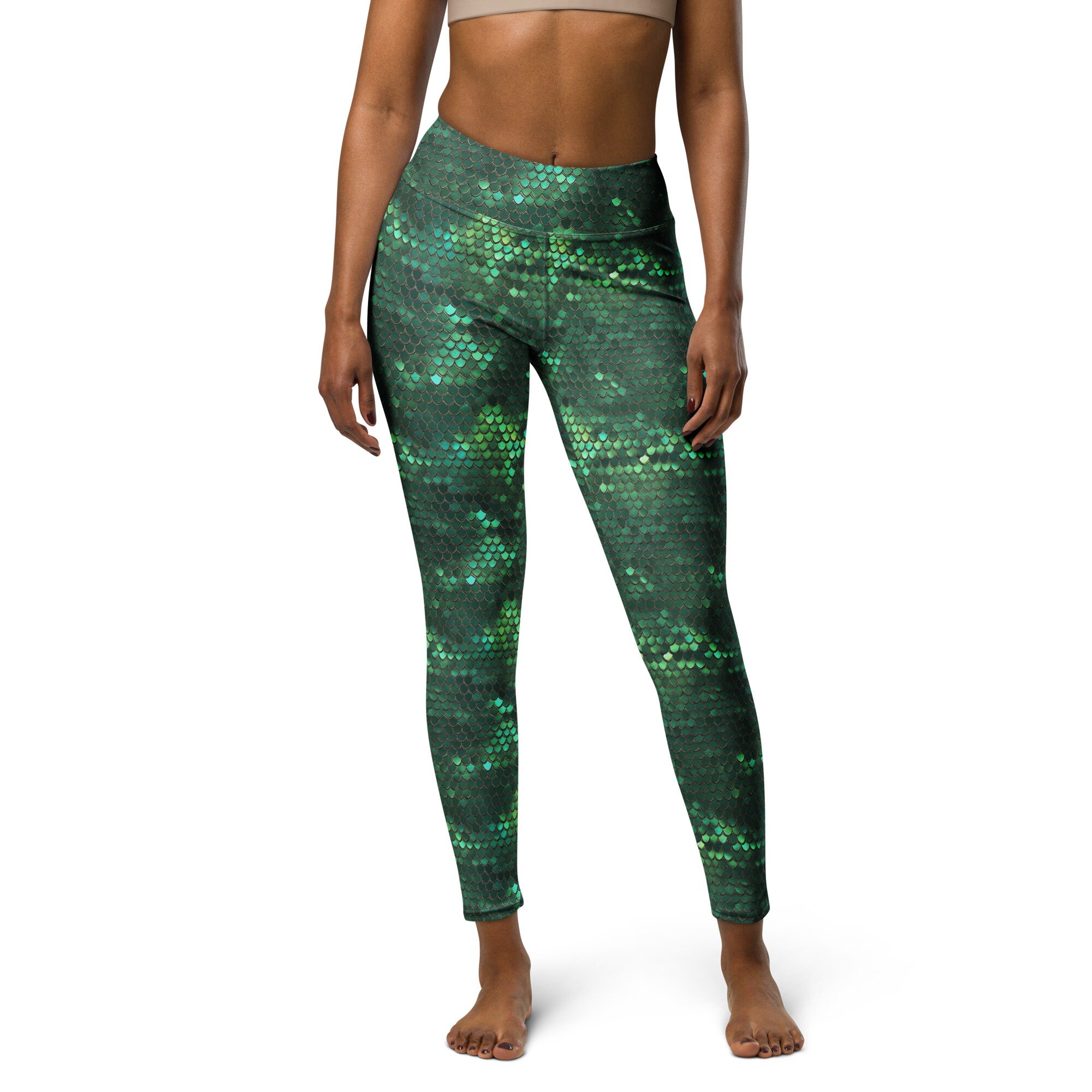 Green Mermaid High-Rise Yoga Leggings | Mermaidcore Fish Scale Athleisure Outfit Long Hi Rise Pants