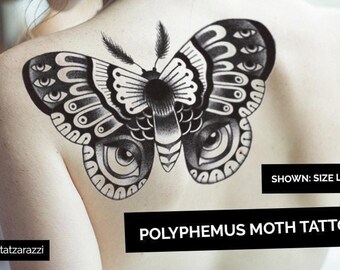 Moth temporary tattoos | japanese style dotwork butterfly bug insect large flash black white intricate luna polyphemus