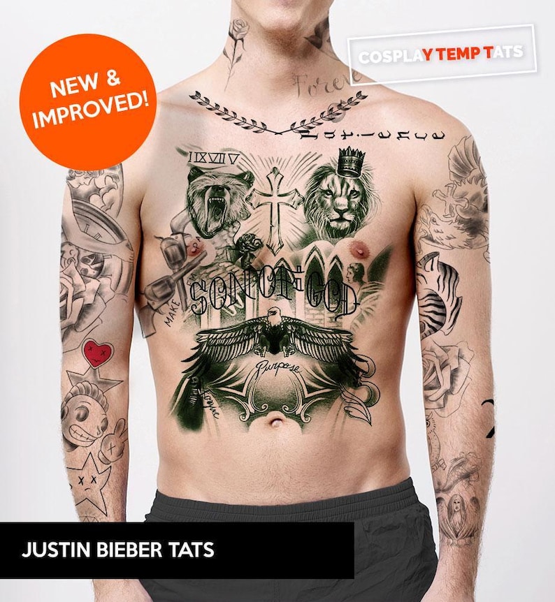 Full body set justin bieber temporary tattoos set lion bear cross son of god eagle arm neck chest realistic image 1