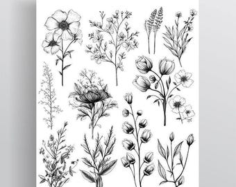 Botanical dainty wildflowers temporary tattoos | fineline botanical illustration floral tattoo sheet set grandma's garden