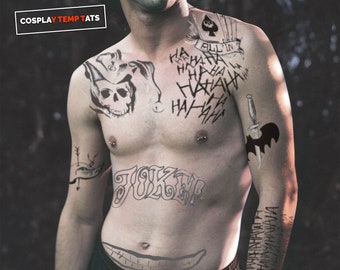 VOLLER SET verrückter Jester Clown lang anhaltende temporäres Tattoo Temp Tat Cosplay Kostüm Purim Halloween komplett HAHA Mund Robin Messer beschädigt