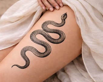 Vintage snake temporary tattoo | black & white botanical serpent | minimalist nature tattoo