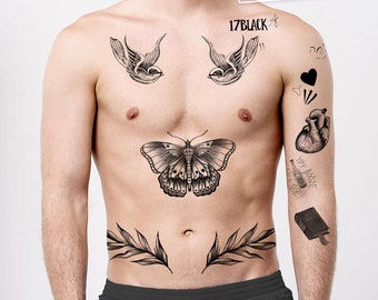 Boy Band Temporary Tattoo Set: Moth, Swallows, Ship - Cosplay Costume