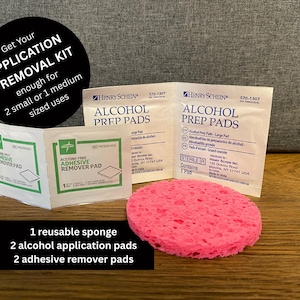 May include: A kit for application and removal, including a pink reusable sponge, two alcohol prep pads, and two adhesive remover pads. The kit is designed for two small or one medium-sized uses. Text on the image reads "Get Your Application & Removal Kit".