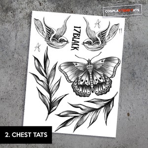 Boy Band Pop Star Chest Arm Temporary Tattoo Sets Temp Tat Large Big Halloween Cosplay Costume Accurate Moth Butterfly Swallows Ship Mermaid