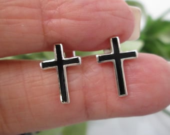 925 Onyx Cross Stud Earrings>Black Onyx Cross Studs,Black Cross Stud Earrings,Religious Cross Earrings,Unisex 925 Cross Stud,Sterling Silver