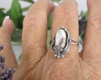 White Buffalo Turquoise Ring>Sterling Silver White Buffalo Ring,Southwestern Ring,White Turquoise Ring,Prayer Leaves,Southwest Raindrops
