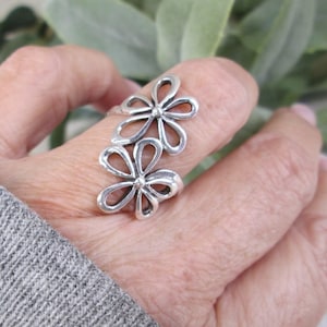 Sterling Double FLOWER Ring&gt;925 Sterling Silver Flower ring,Long Double Flower ring,Bohemian,925 jewelry,Flowers, Birthday gift, Non Tarnish