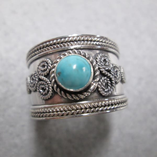 Wide Turquoise Band Ring>Sterling Silver TURQUOISE Ring,Bali Wide Silver Band,Wide Tribal Ring,Cigar Band,Boho Chic,Thumb band,Wedding ring