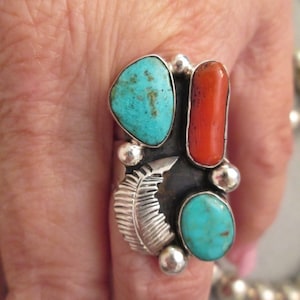 Navajo Turquoise Ring with Mediterranean Red Coral&gt;Native American Sterling Silver ring,Turquoise and Coral ring,Southwestern ring,Statement
