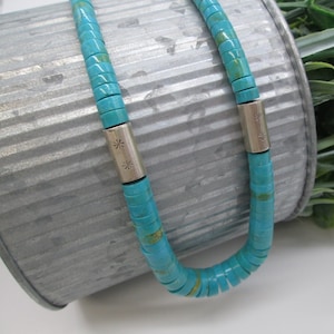 Turquoise Heishi Necklace&gt;Santo Domingo Genuine Turquoise Heishi Necklace&gt;Native American Necklace,Kewa Pueblo&gt;Sterling Bench Beads