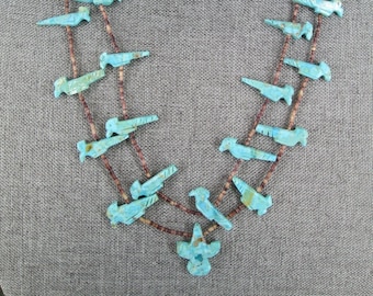 Native FETISH Necklace>Hand Carved Turquoise Fetish Necklace,Double Strand Fetish Necklace,Heishi Shell and Genuine Turquoise necklace