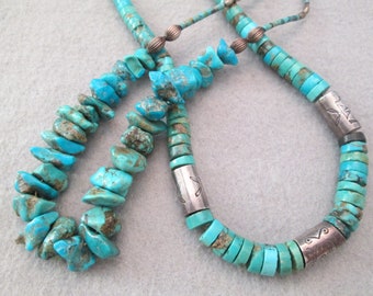 Santo Domingo Genuine Turquoise Necklace>Kewa PuebloTurquoise necklace,Native Turquoise necklace,Chunky Turquoise,925 Sterling Bench Beads