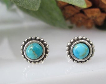 Sterling Silver Turquoise Stud Earrings>Genuine Turquoise Earrings,Round Turquoise Studs,925 Sterling Earrings,Native Turquoise,Southwestern