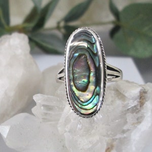 Sterling Genuine Abalone Shell Ring&gt;Long Abalone Shell Ring,Natural Abalone ring,925 Sterling Silver Ring,Abalone Shell,Beachy,Southwestern