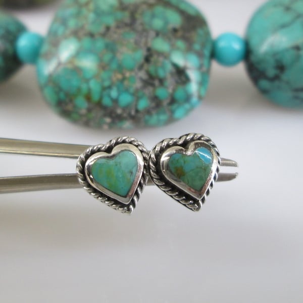 Sterling Silver Turquoise Heart Stud Earrings>Genuine Turquoise Earrings,Heart Studs,925 Sterling Earrings,Native American,Southwestern