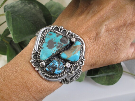 Native Genuine TURQUOISE Cuff>Sterling Silver Tur… - image 1