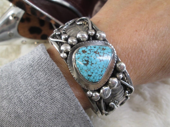 Native American TURQUOISE Cuff Bracelet>925 Sterl… - image 1