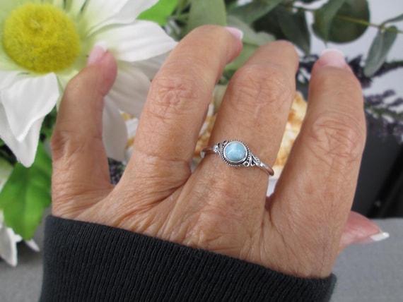 Sterling Larimar Ring>925 Dainty Genuine Larimar Ring,Natural Larimar Ring,Native Larimar Ring,Tribal Ring,Sterling Silver Larimar Ring