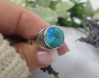 925 Turquoise Ring>Men's Sterling Genuine Turquoise Ring,Turquoise Ring,Chunky Turquoise Ring,Men's Pinky Ring,925 Southwestern Tribal Ring