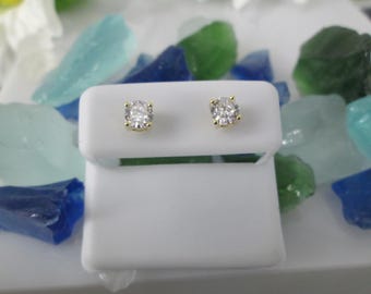 Gold CZ Stud Earrings>14k.Gold over Sterling PIERCED Screw Back Post CZ Studs,Safety Screw earrings,Don't Lose Your Earrings! Various Sizes