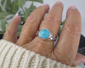 925 Turquoise Ring with Crosses>Sterling Genuine Turquoise Ring,Turquoise Cross Ring,Religious Turquoise Ring, Silver Turquoise Cross Ring