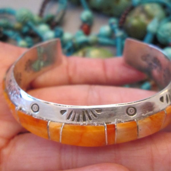 Native American Sterling Orange Spiny Oyster Cuff Bracelet>Navajo Stamped Cuff>925 Sterling Spiny Oyster Cuff,Southwestern Cuff,Orange Cuff