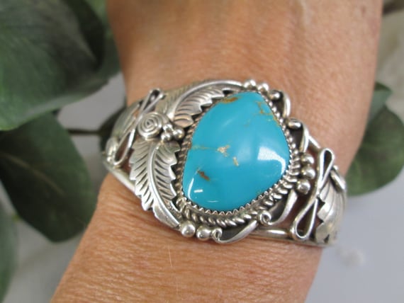 Native Sterling Silver Genuine TURQUOISE Cuff>Sig… - image 1