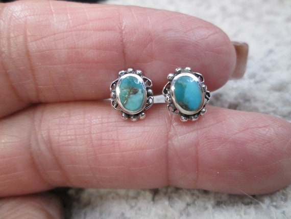 Genuine Turquoise Stud Earrings>925 Sterling Silv… - image 1