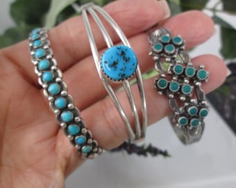 Native Turquoise Sterling Dainty Cuff Bracelet>Old Pawn 925 Genuine Turquoise Cuff Bracelet,Smaller 925 Sterling Cuff Bracelet,Choice of 3