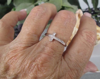 Sterling CZ CROSS Ring>925 "Diamond" Cross Ring,Religious,925 Sterling Cross Ring with CZ's,Dainty Cross Ring,Lovely Way to Show your Faith