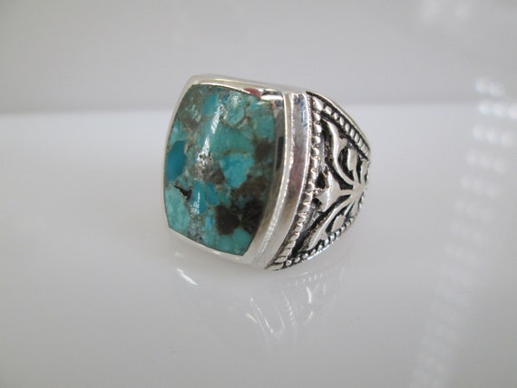 Heavy Men's Sterling Turquoise Ring>Men's Ring,Bo… - image 1