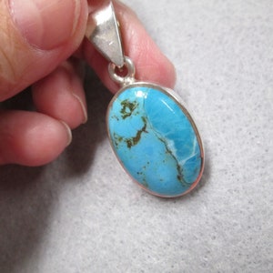 Puede incluir: Un colgante de plata con una piedra turquesa azul. La piedra tiene un patr&oacute;n de m&aacute;rmol con vetas blancas y marrones.