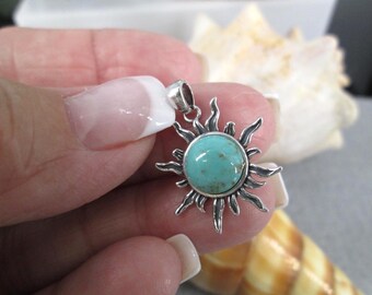 Turquoise SUN Pendant>Sterling SUN Pendant,925 Sterling Celestial Sun Charm,Genuine Turquoise Sun Pendant,Turquoise Celestial Sun Charm