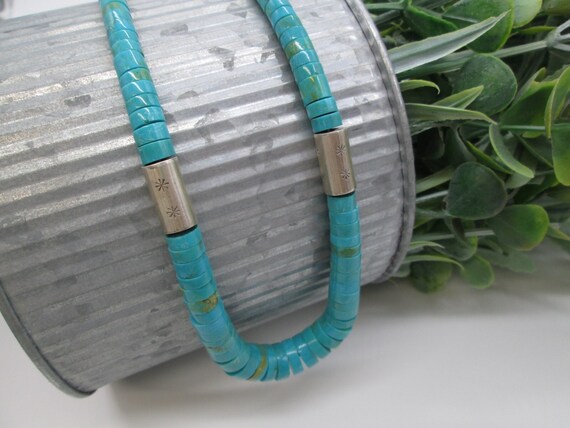 Native American Very Rare Santo Domingo Solid Turquoise Heishi Sterling Silver Necklace Native American Very Rare Santo Domingo Solid Turquoise Heishi Sterling Silver Necklace
