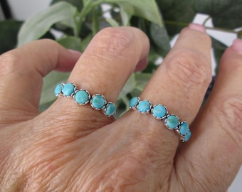 925 Turquoise Band> 6 Stone Genuine Turquoise Ring,925 Sterling Silver Native Turquoise Ring,Stackable Ring,Wedding Band,Southwest Tribal