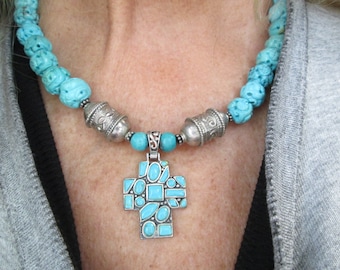 Carved TURQUOISE Necklace with Turquoise Cross>Sterling Silver Cross necklace,Turquoise Cross,Turquoise Necklace,Genuine Carved Turquoise